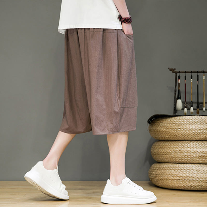 Nimara Ritual Casual Drawstring Cotton Linen Men's Capri Harem Pants With Pockets