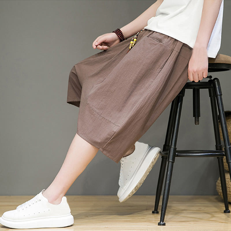 Nimara Ritual Casual Drawstring Cotton Linen Men's Capri Harem Pants With Pockets