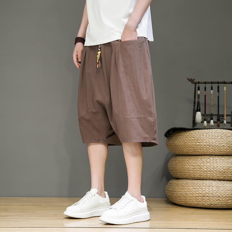Nimara Ritual Casual Drawstring Cotton Linen Men's Capri Harem Pants With Pockets