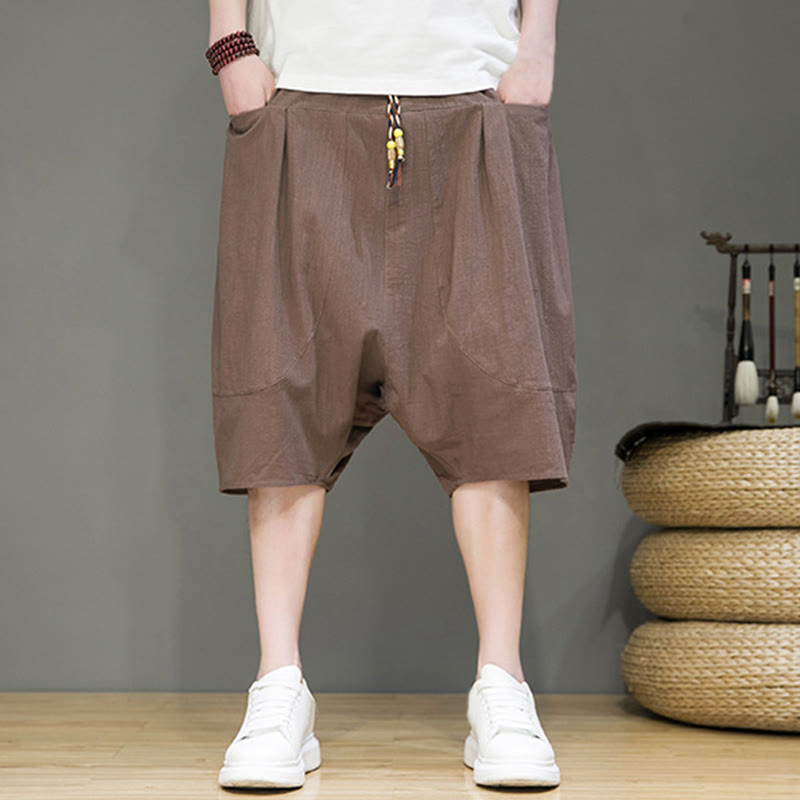 Nimara Ritual Casual Drawstring Cotton Linen Men's Capri Harem Pants With Pockets