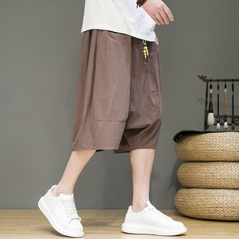 Nimara Ritual Casual Drawstring Cotton Linen Men's Capri Harem Pants With Pockets