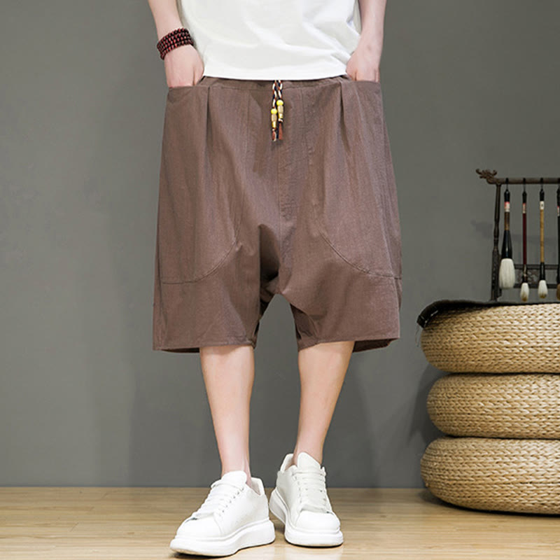 Nimara Ritual Casual Drawstring Cotton Linen Men's Capri Harem Pants With Pockets