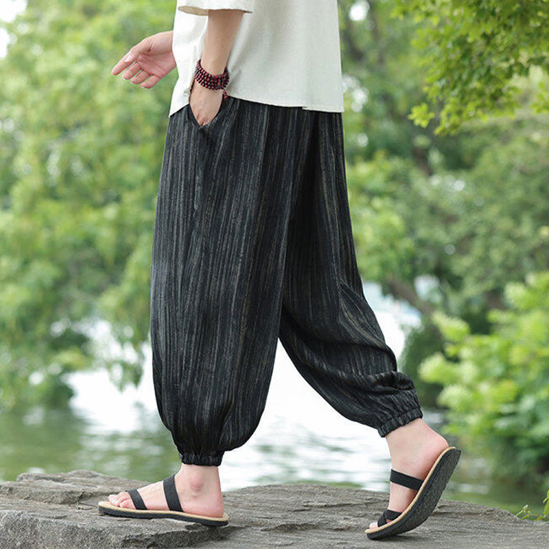 Nimara Ritual Summer Black Stripes Drawstring Men's Harem Pants With Pockets