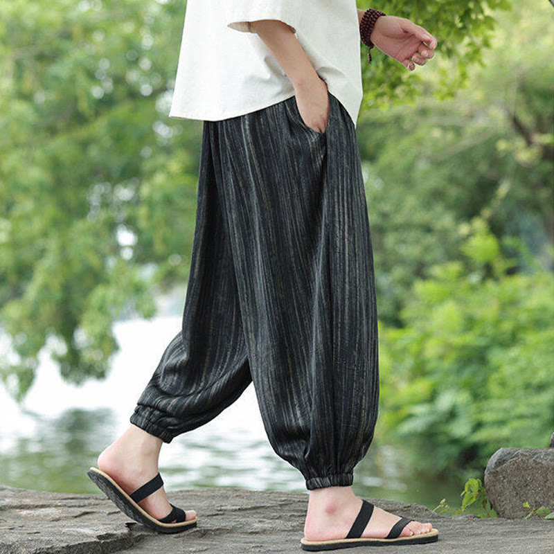 Nimara Ritual Summer Black Stripes Drawstring Men's Harem Pants With Pockets