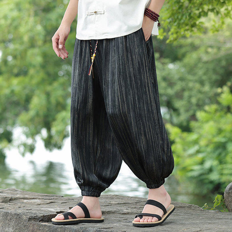 Nimara Ritual Summer Black Stripes Drawstring Men's Harem Pants With Pockets
