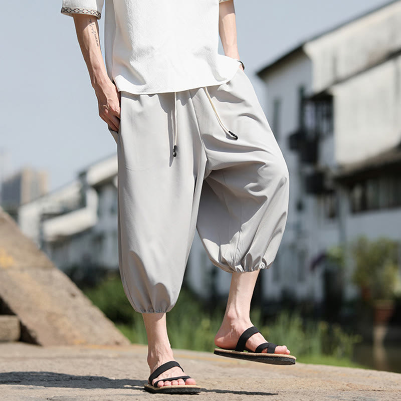 Nimara Ritual Solid Drawstring Men's Capri Cropped Harem Pants With Pockets