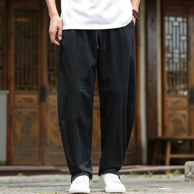 Nimara Ritual Solid Drawstring Men's Elastic Waistband Cotton Linen Pants With Pockets