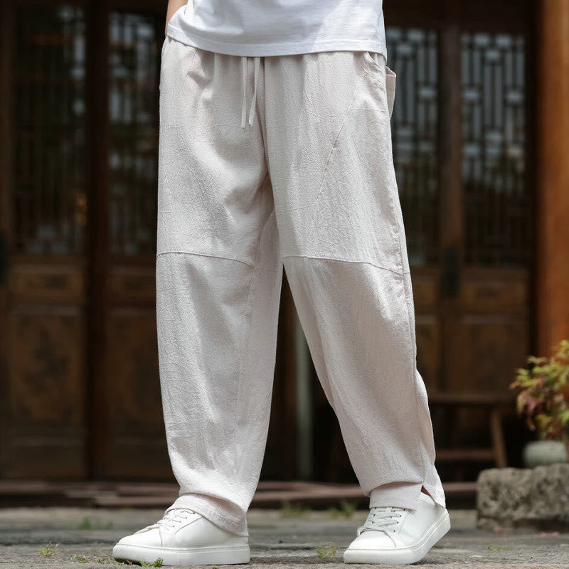Nimara Ritual Solid Drawstring Men's Elastic Waistband Cotton Linen Pants With Pockets
