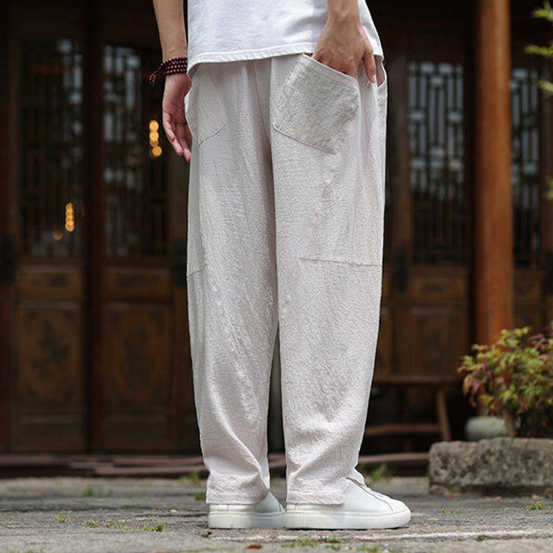 Nimara Ritual Solid Drawstring Men's Elastic Waistband Cotton Linen Pants With Pockets