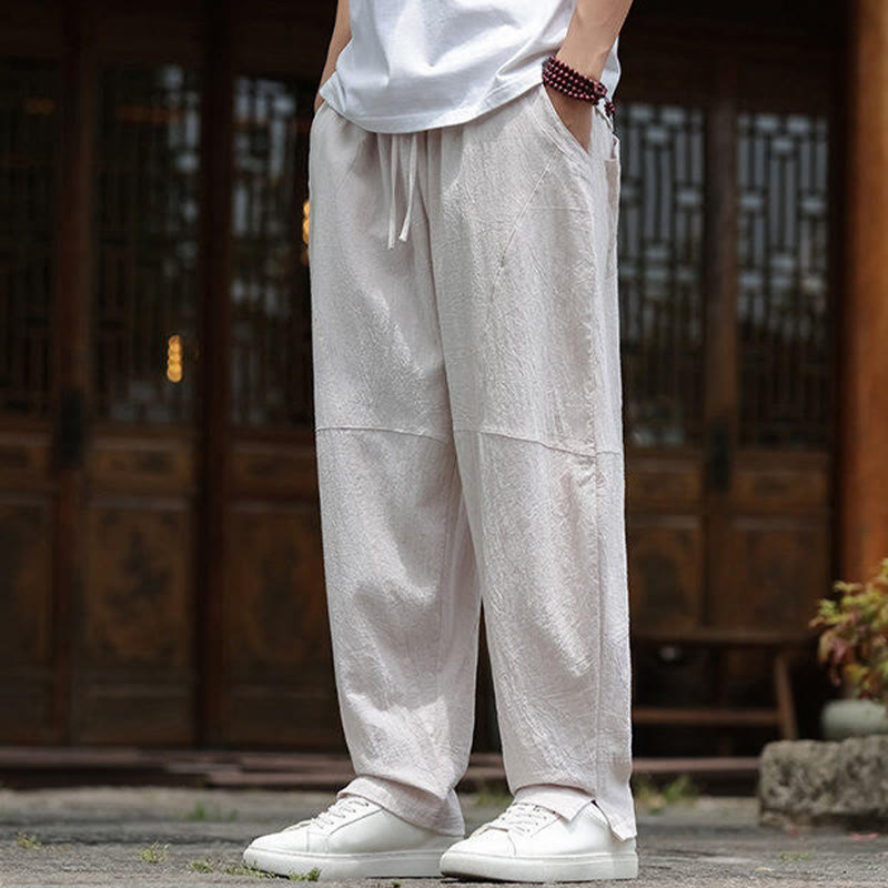 Nimara Ritual Solid Drawstring Men's Elastic Waistband Cotton Linen Pants With Pockets