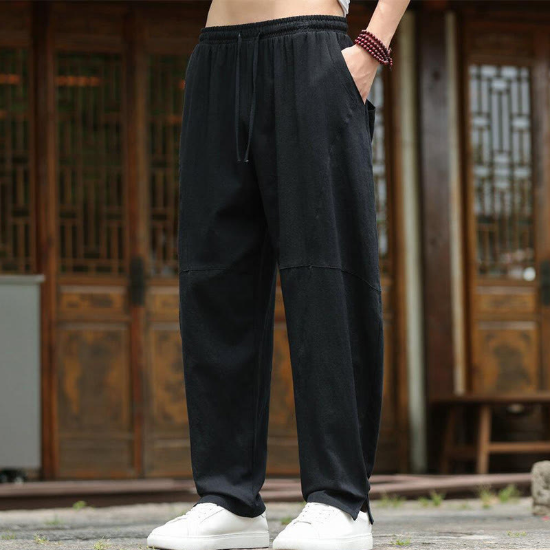 Nimara Ritual Solid Drawstring Men's Elastic Waistband Cotton Linen Pants With Pockets