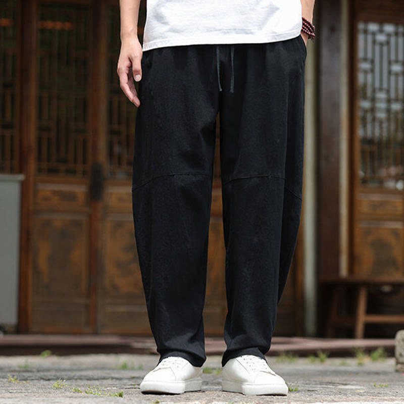 Nimara Ritual Solid Drawstring Men's Elastic Waistband Cotton Linen Pants With Pockets