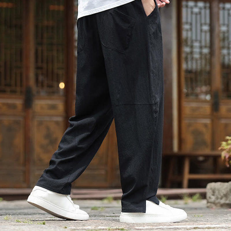 Nimara Ritual Solid Drawstring Men's Elastic Waistband Cotton Linen Pants With Pockets
