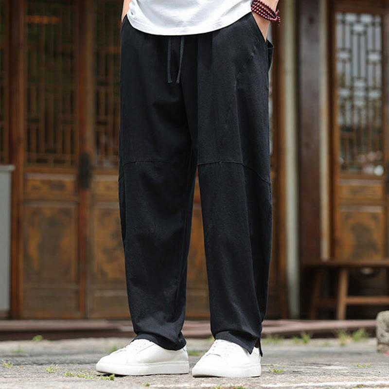 Nimara Ritual Solid Drawstring Men's Elastic Waistband Cotton Linen Pants With Pockets