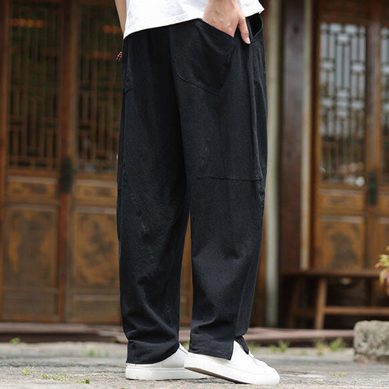 Nimara Ritual Solid Drawstring Men's Elastic Waistband Cotton Linen Pants With Pockets