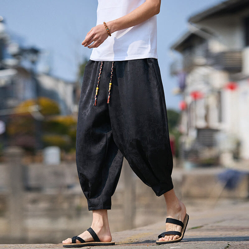 Nimara Ritual Summer Character Embroidery Design Drawstring Men's 7-8 Length Pants With Pockets
