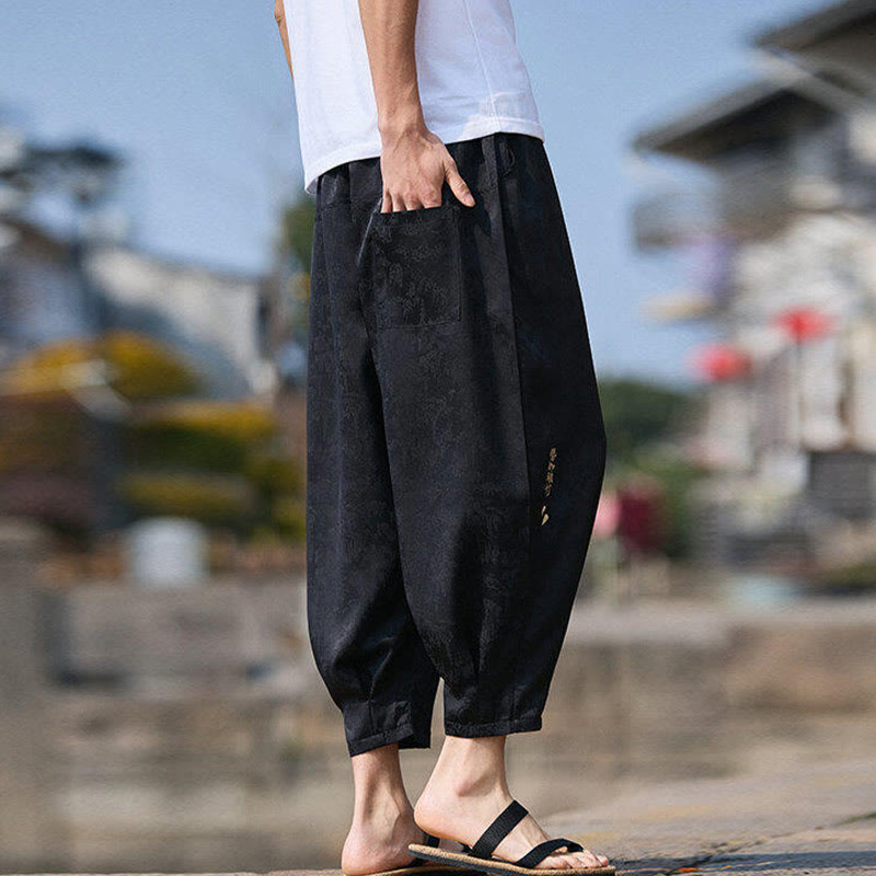 Nimara Ritual Summer Character Embroidery Design Drawstring Men's 7-8 Length Pants With Pockets