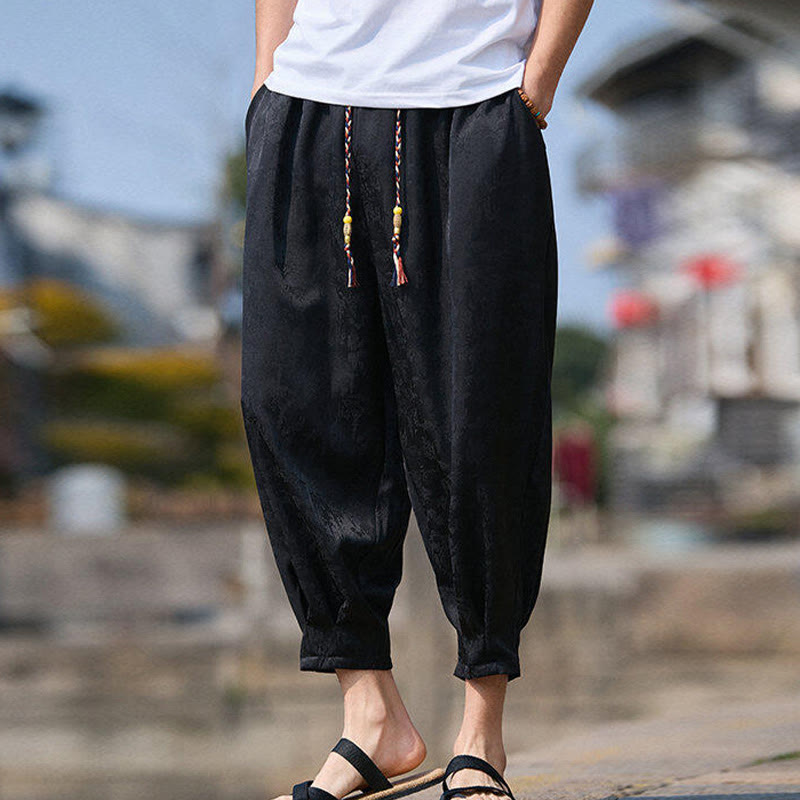 Nimara Ritual Summer Character Embroidery Design Drawstring Men's 7-8 Length Pants With Pockets