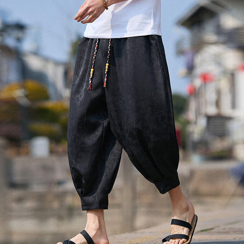 Nimara Ritual Summer Character Embroidery Design Drawstring Men's 7-8 Length Pants With Pockets