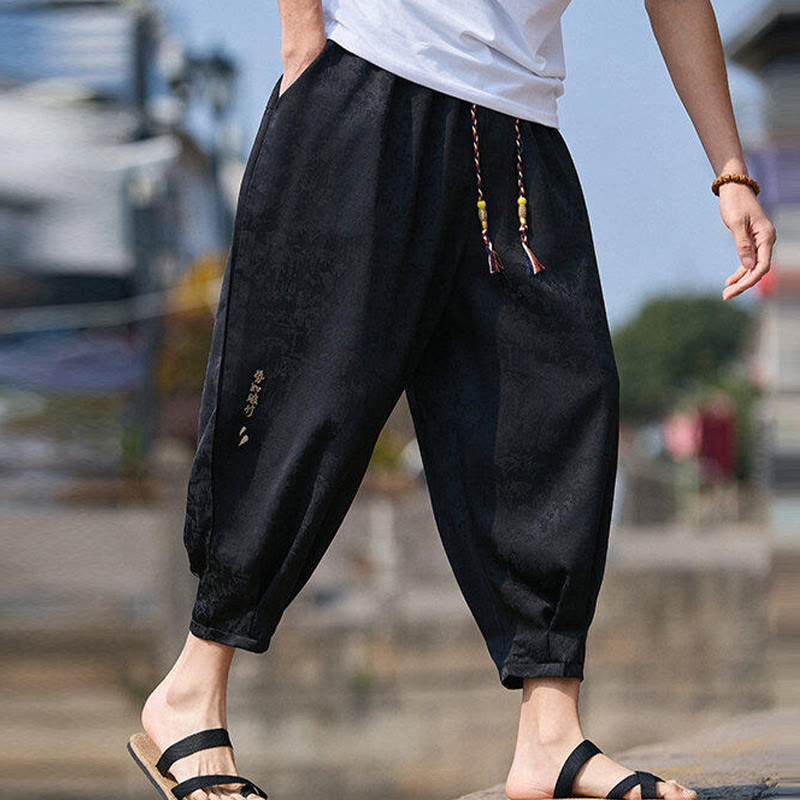 Nimara Ritual Summer Character Embroidery Design Drawstring Men's 7-8 Length Pants With Pockets