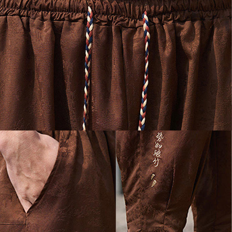Nimara Ritual Summer Character Embroidery Design Drawstring Men's 7-8 Length Pants With Pockets