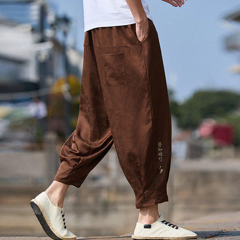 Nimara Ritual Summer Character Embroidery Design Drawstring Men's 7-8 Length Pants With Pockets