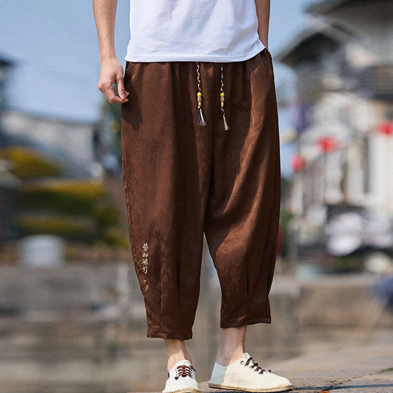 Nimara Ritual Summer Character Embroidery Design Drawstring Men's 7-8 Length Pants With Pockets