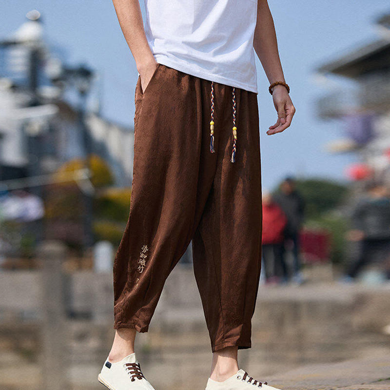 Nimara Ritual Summer Character Embroidery Design Drawstring Men's 7-8 Length Pants With Pockets