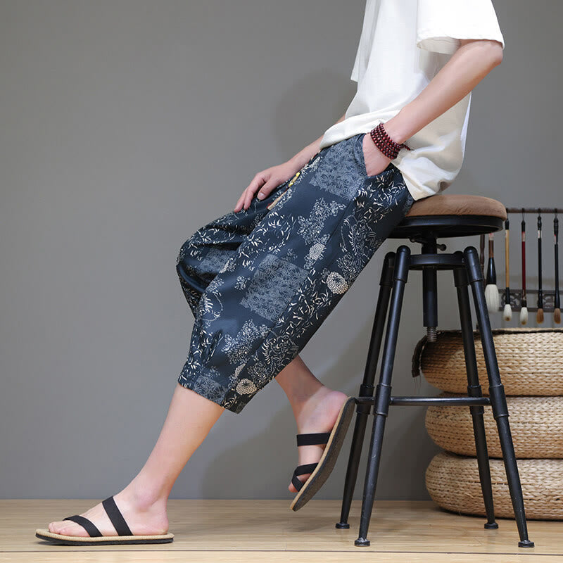 Nimara Ritual Summer Bamboo Leaves Flowers Cotton Linen Men's Capri Pants With Pockets