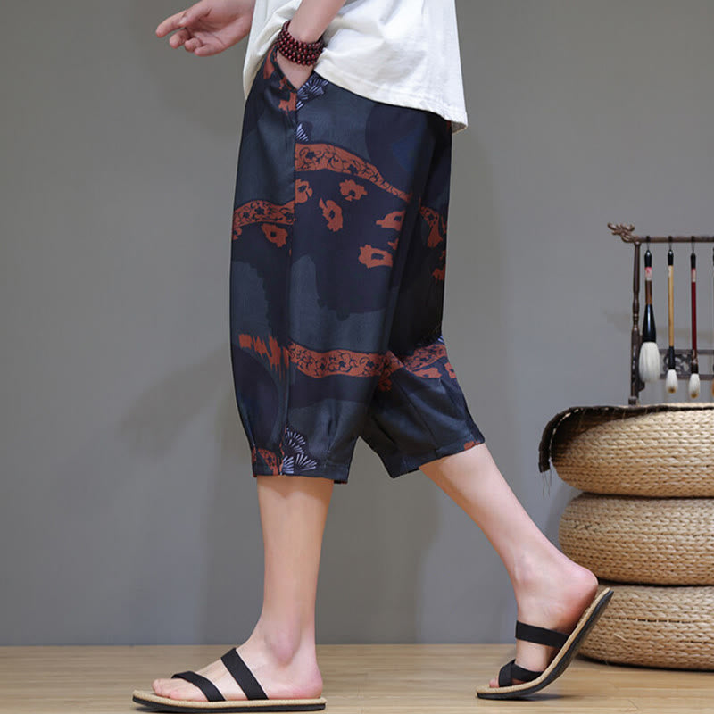 Nimara Ritual Summer Bamboo Leaves Flowers Cotton Linen Men's Capri Pants With Pockets
