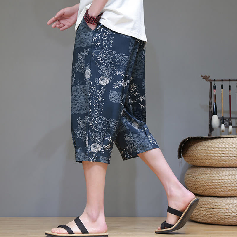 Nimara Ritual Summer Bamboo Leaves Flowers Cotton Linen Men's Capri Pants With Pockets