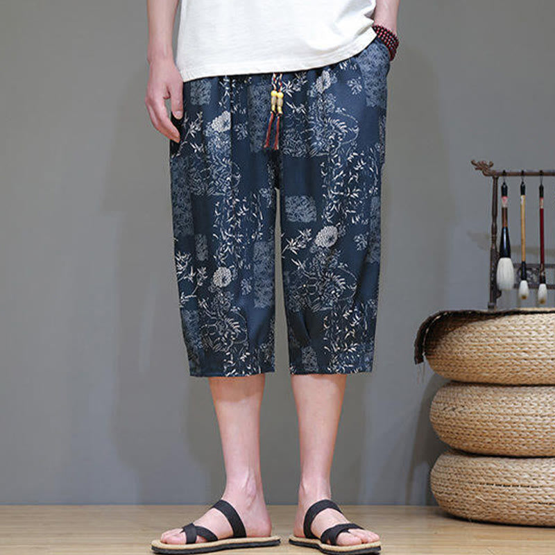 Nimara Ritual Summer Bamboo Leaves Flowers Cotton Linen Men's Capri Pants With Pockets