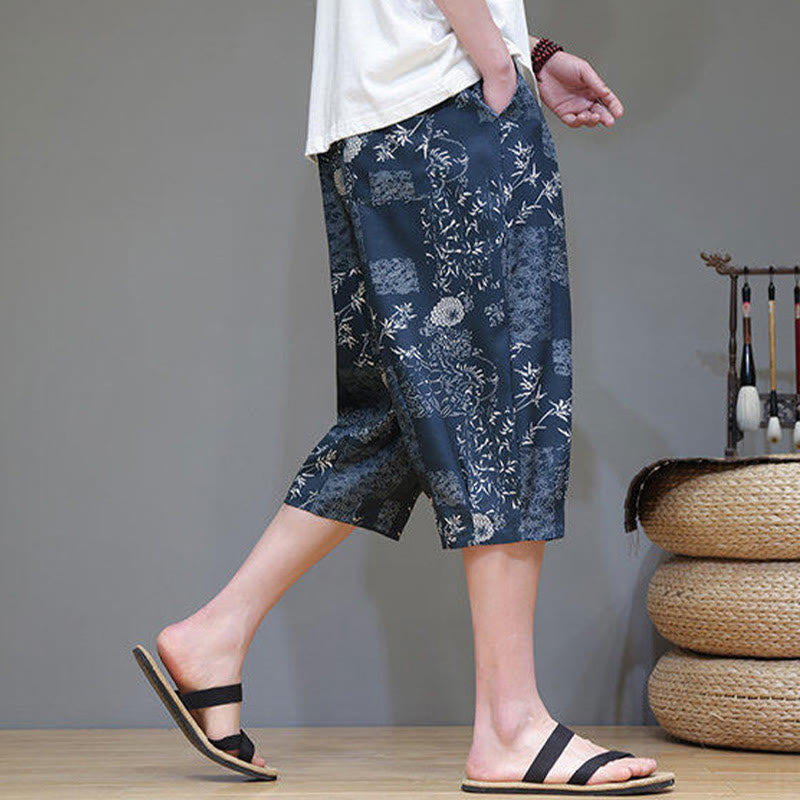 Nimara Ritual Summer Bamboo Leaves Flowers Cotton Linen Men's Capri Pants With Pockets