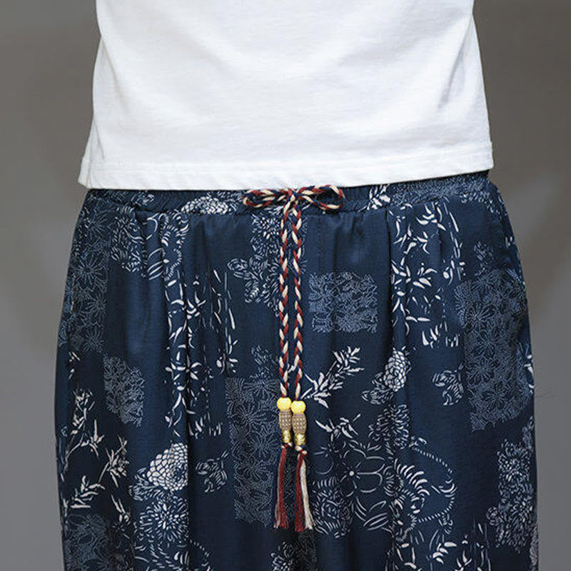 Nimara Ritual Summer Bamboo Leaves Flowers Cotton Linen Men's Capri Pants With Pockets