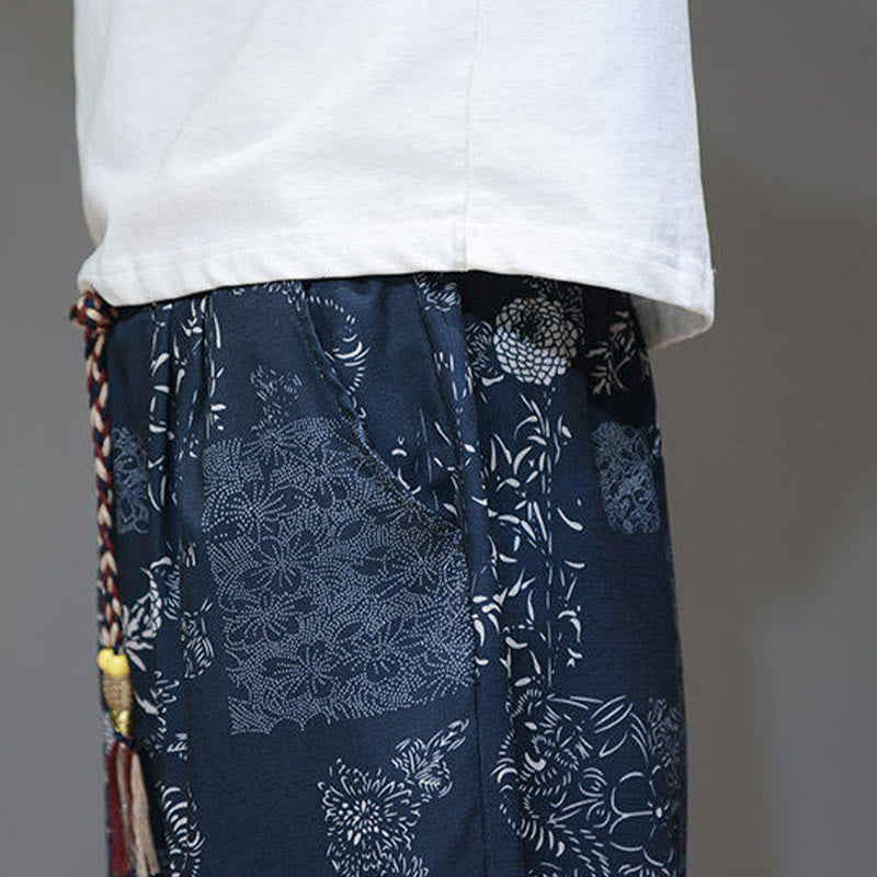 Nimara Ritual Summer Bamboo Leaves Flowers Cotton Linen Men's Capri Pants With Pockets