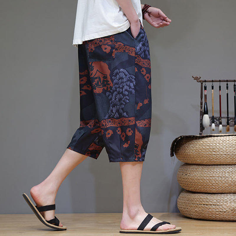 Nimara Ritual Summer Bamboo Leaves Flowers Cotton Linen Men's Capri Pants With Pockets
