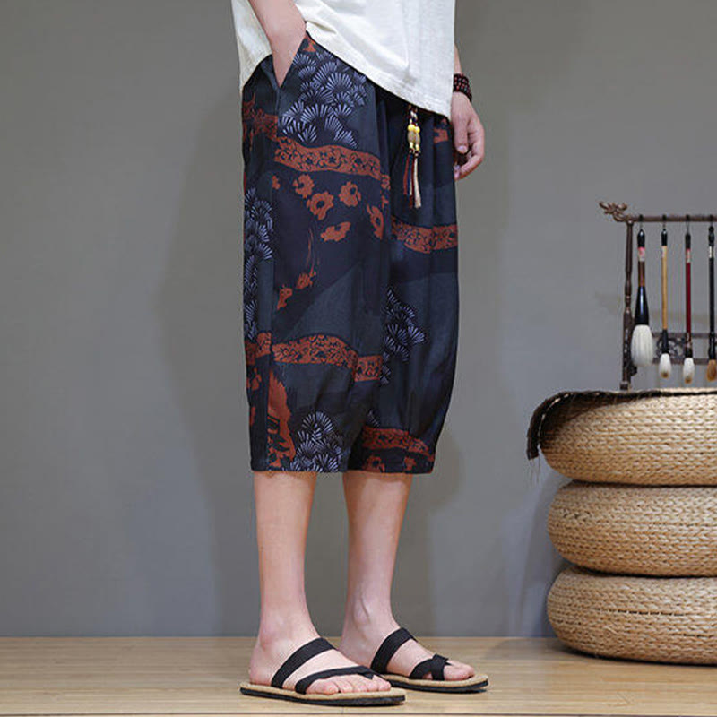 Nimara Ritual Summer Bamboo Leaves Flowers Cotton Linen Men's Capri Pants With Pockets