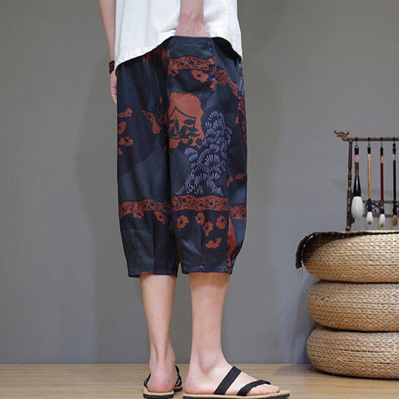 Nimara Ritual Summer Bamboo Leaves Flowers Cotton Linen Men's Capri Pants With Pockets