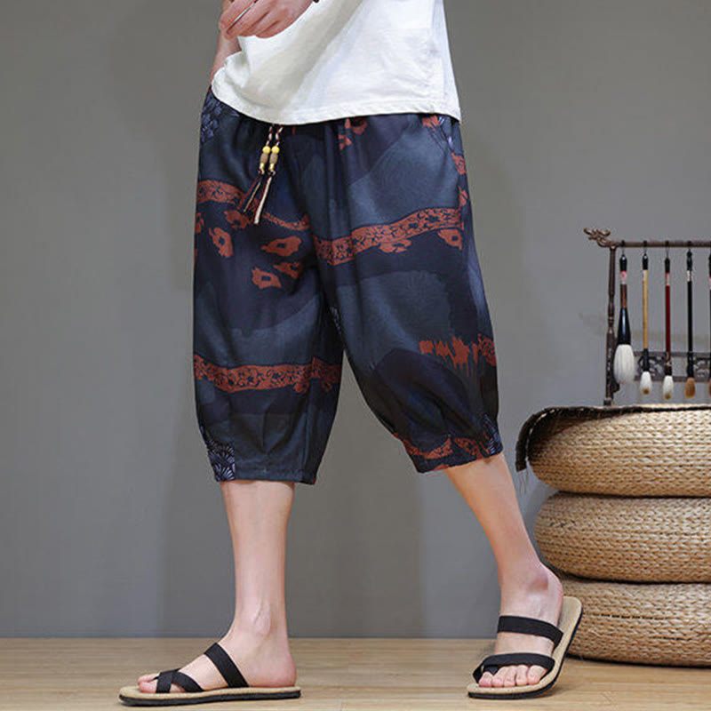 Nimara Ritual Summer Bamboo Leaves Flowers Cotton Linen Men's Capri Pants With Pockets