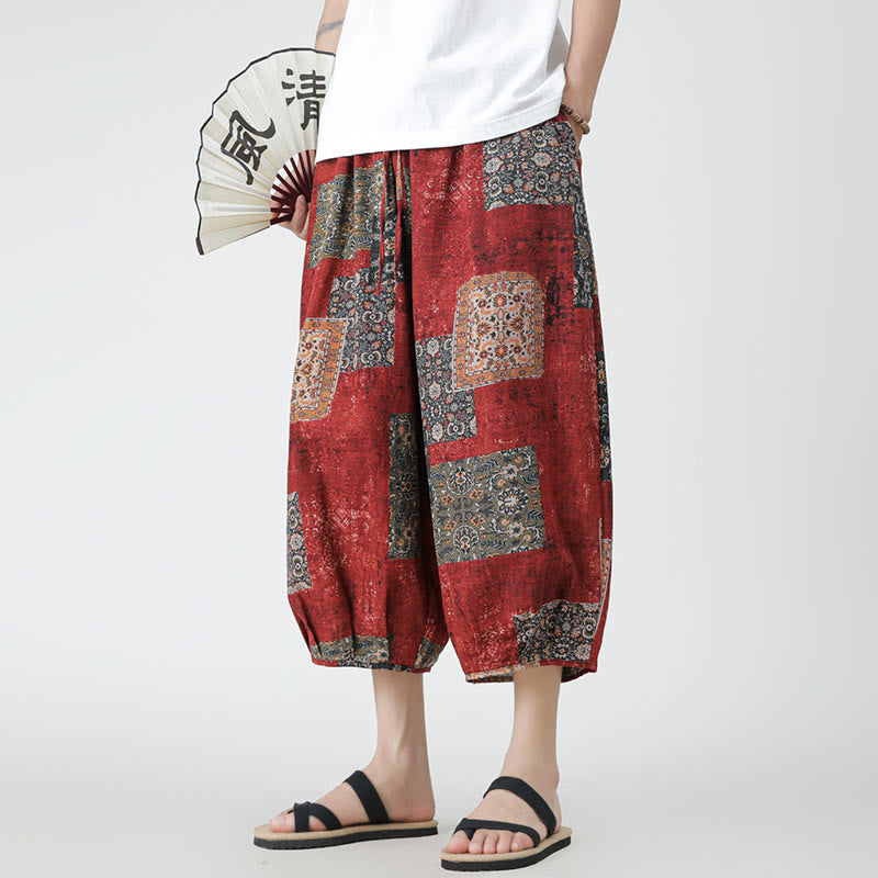 Nimara Ritual Summer Square Patchwork Elephant Mandala Geometry Cotton Linen Men's 7-8 Length Pants With Pockets