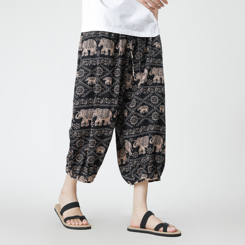 Nimara Ritual Summer Square Patchwork Elephant Mandala Geometry Cotton Linen Men's 7-8 Length Pants With Pockets