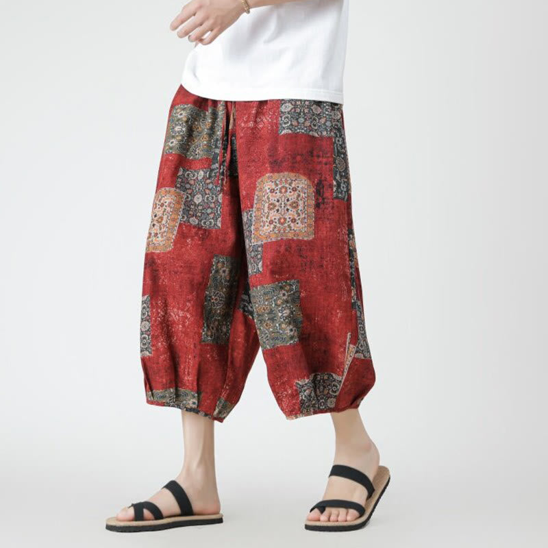 Nimara Ritual Summer Square Patchwork Elephant Mandala Geometry Cotton Linen Men's 7-8 Length Pants With Pockets
