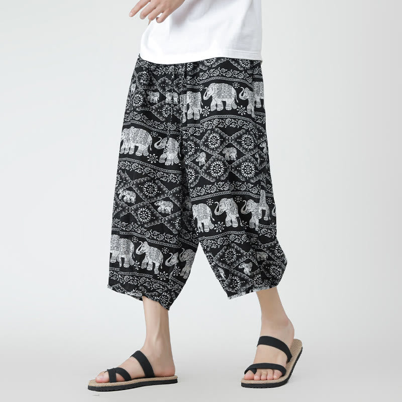 Nimara Ritual Summer Square Patchwork Elephant Mandala Geometry Cotton Linen Men's 7-8 Length Pants With Pockets