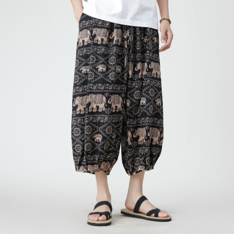 Nimara Ritual Summer Square Patchwork Elephant Mandala Geometry Cotton Linen Men's 7-8 Length Pants With Pockets