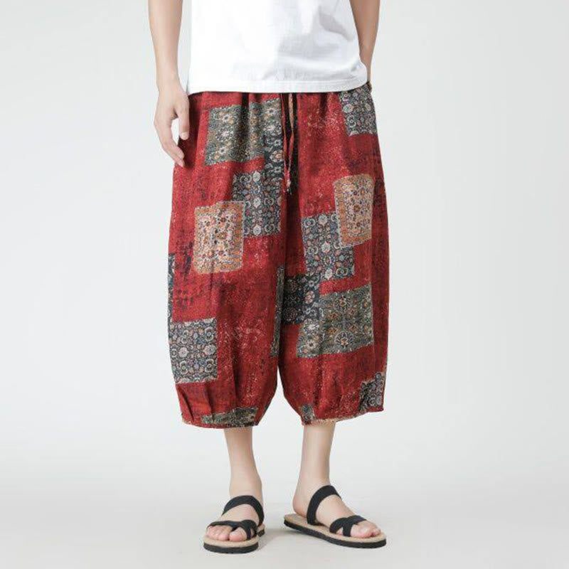 Nimara Ritual Summer Square Patchwork Elephant Mandala Geometry Cotton Linen Men's 7-8 Length Pants With Pockets