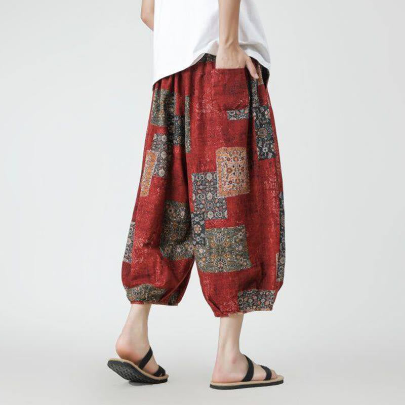 Nimara Ritual Summer Square Patchwork Elephant Mandala Geometry Cotton Linen Men's 7-8 Length Pants With Pockets