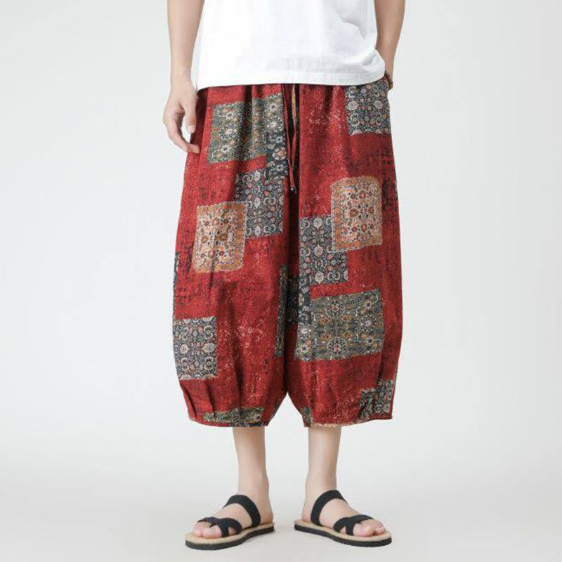 Nimara Ritual Summer Square Patchwork Elephant Mandala Geometry Cotton Linen Men's 7-8 Length Pants With Pockets