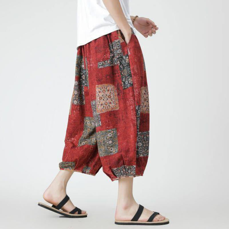 Nimara Ritual Summer Square Patchwork Elephant Mandala Geometry Cotton Linen Men's 7-8 Length Pants With Pockets