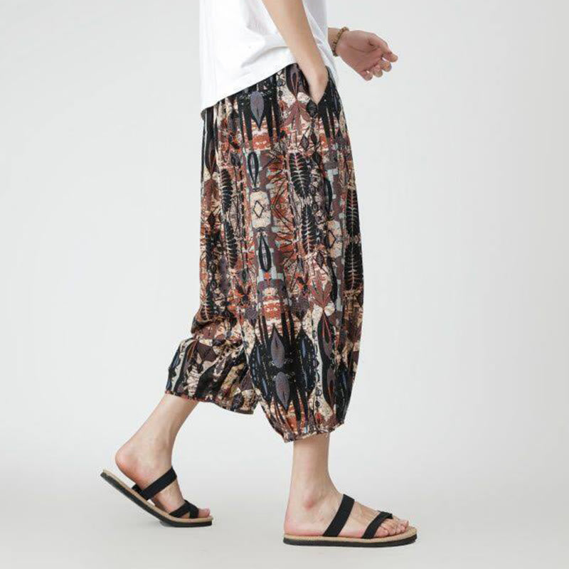 Nimara Ritual Summer Square Patchwork Elephant Mandala Geometry Cotton Linen Men's 7-8 Length Pants With Pockets