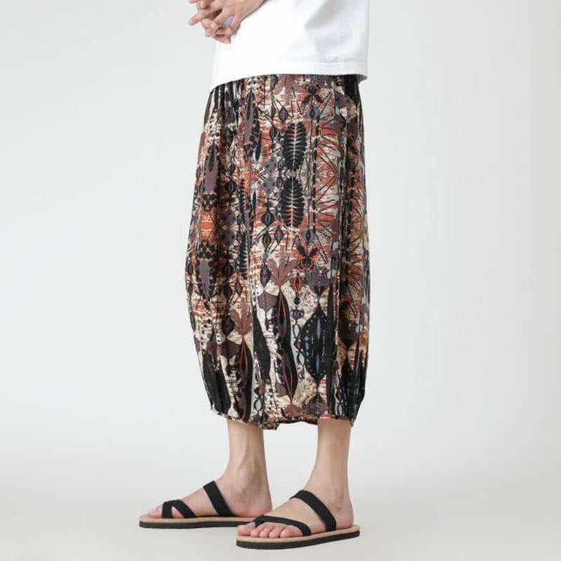 Nimara Ritual Summer Square Patchwork Elephant Mandala Geometry Cotton Linen Men's 7-8 Length Pants With Pockets